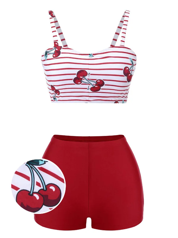 Red 1950s Striped Cherry Strap Swimsuit Lace Back Bikini