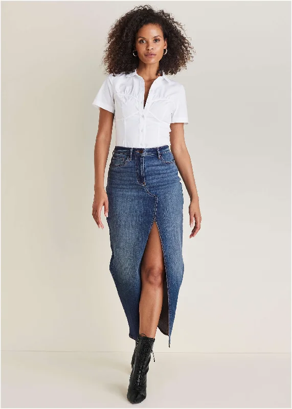 Denim Maxi Skirt - Medium Wash ribbed skirt waist
