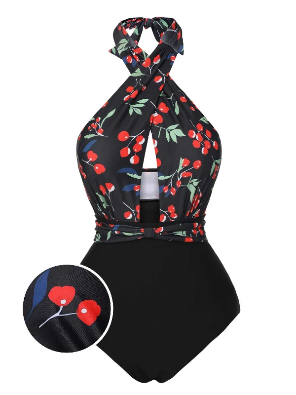 Black 1950s Cross Halter Cherry Swimsuit Sleek Mesh Bikini