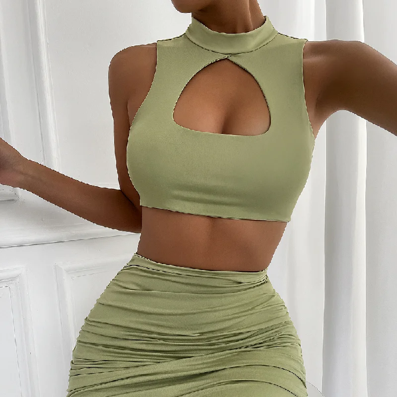 Mock Neck Cutout Tank Crop Top & Skirt Set solid color tank