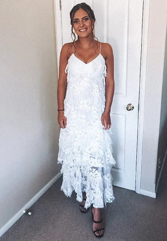 White V Neck Spaghetti Straps A-Line Lace Tiered Elegant Party Dress, DP2410 Chiffon Maxi Beach
