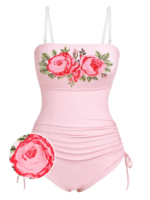 Pink 1940s Rose Strap One-piece Swimsuit Ruched Swimwear Set