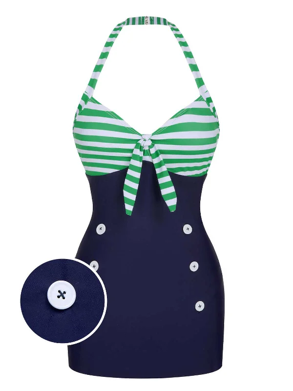 1960s Halter Strips Buttoned One-Piece Swimsuit Swimsuit with Skirt