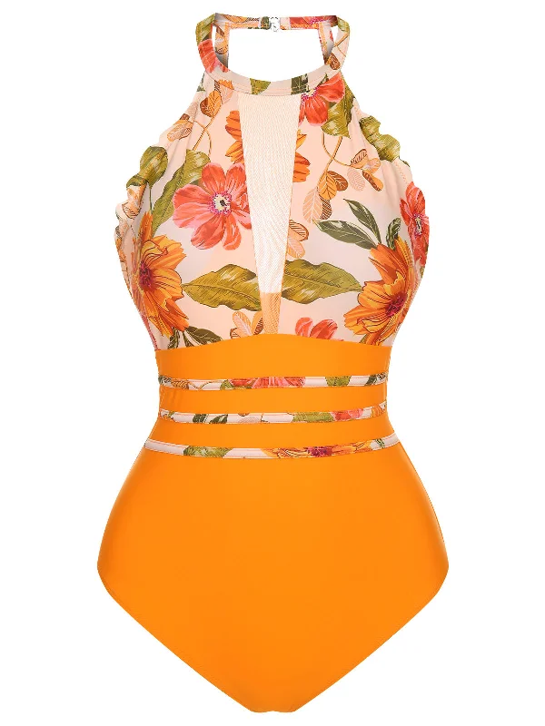Orange 1960s Halter Floral One-Piece Swimsuit Playful Pattern Swimsuit