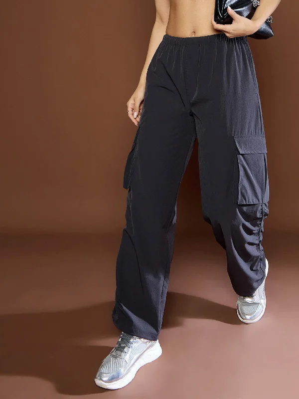 Women Unisex Dark Grey Side Ruched Baggy Parachute Pants Lightweight Linen Pants