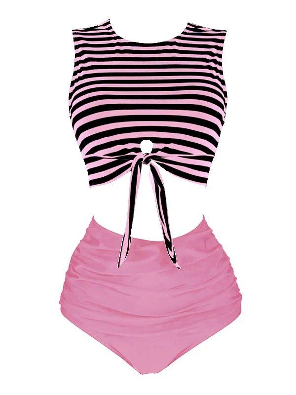 [Pre-Sale] Pink 1970s Striped Waist Tie Patchwork Swimsuit Modern High-Waisted Swimsuit