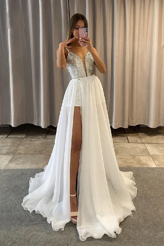 White A-Line Backless Detachable Long Party Dress with High Slit,DP996 Pleated Skirt Elegant