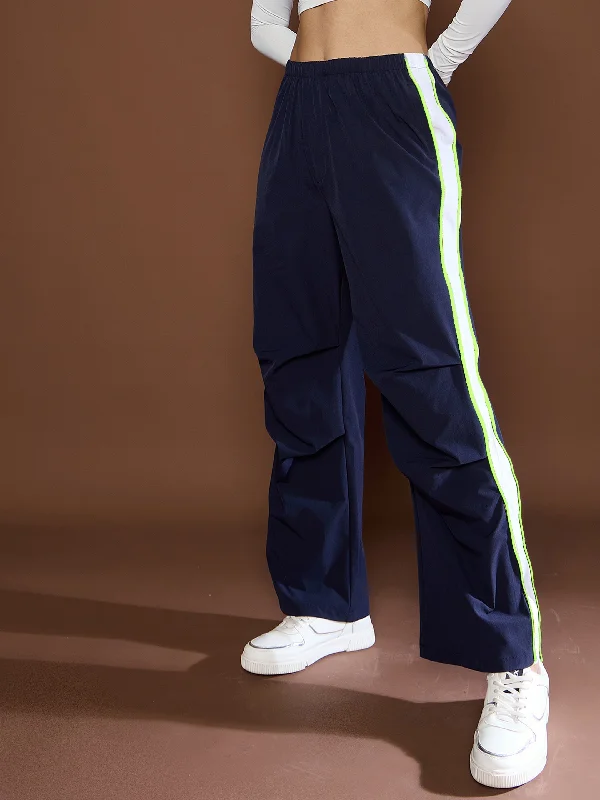 Women Unisex Navy Side Panel Baggy Parachute Pants High-Waist Jeans