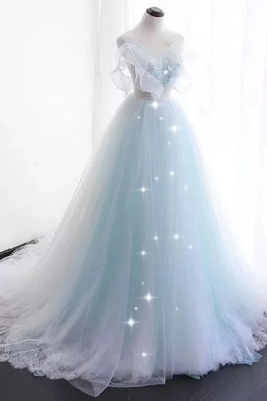 Stunning A-line Scoop Ruffles Mint Green Tulle Prom Party Dress With Appliques OKU56 Tunics Business professional