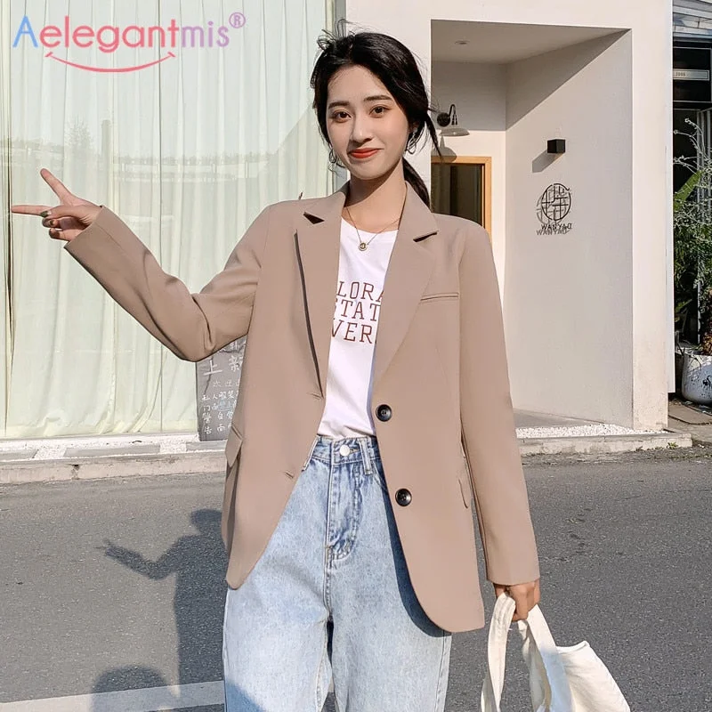 Aelegantmis Chic Solid Color Women Casual Blazer Jacket Office Lady Pockets Work Suit Coat Ladies Business Blazers Outerwear Elasticated Jacket Padded Jacket Insulated Jacket