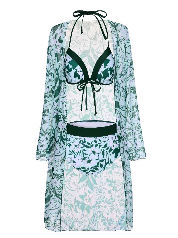 Green 1950s Halter Plants Print Swimsuit & Cover-Up Stylish Beachwear Set