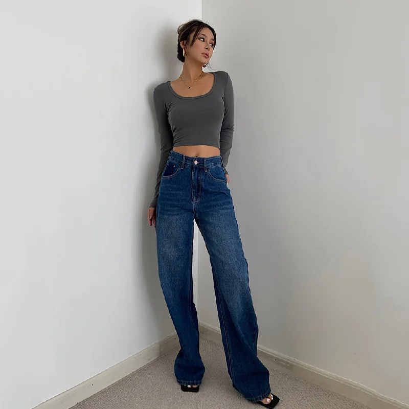 CannedPineapple Women's High Waist Wide Leg Dark Blue Denim Straight Leg Loose Drag Pants Lightweight Linen Pants