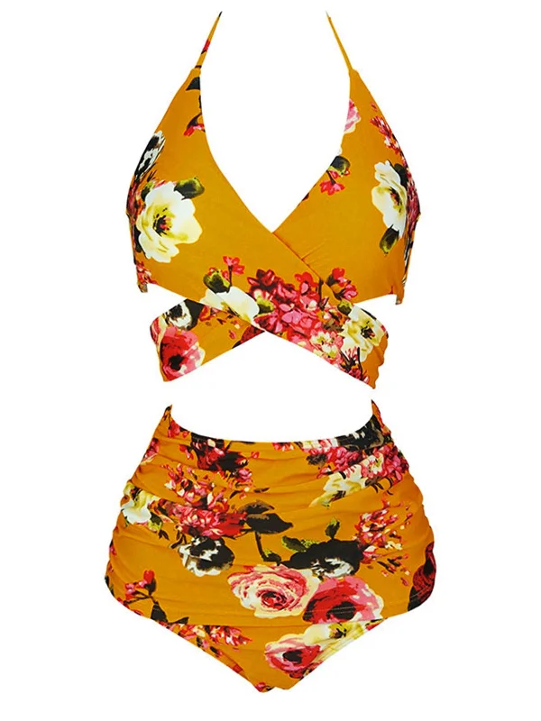 Orange 1930s Floral Cross Bind Halter Swimsuit Deep-V Swimsuit Design
