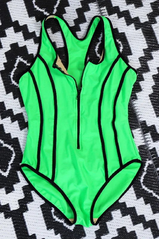 Neon Green 90s Zip Swimsuit M-M/L Elegant Swim Dress