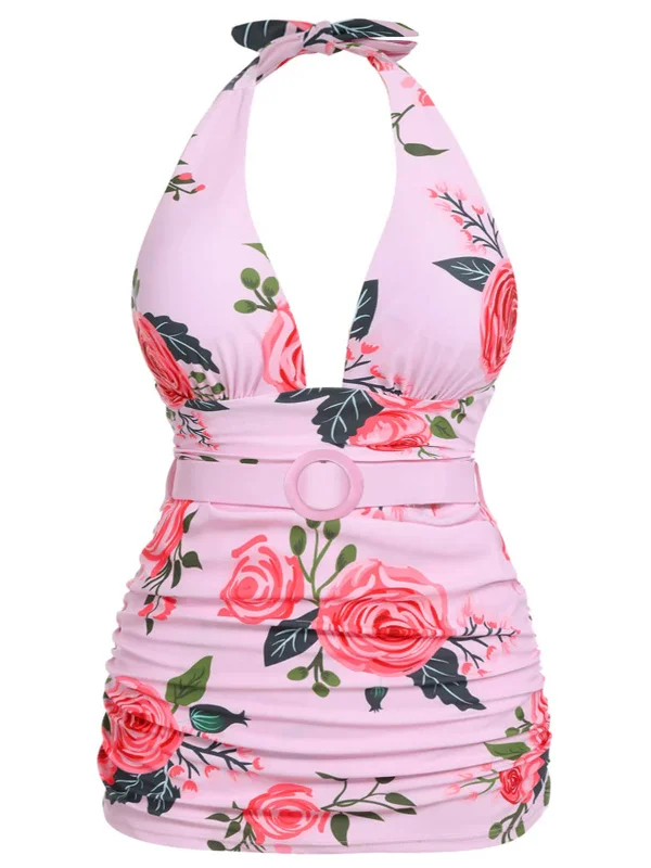 [Plus Size] Pink 1930s Roses Halter Belt Swimsuit Adjustable Swim Top