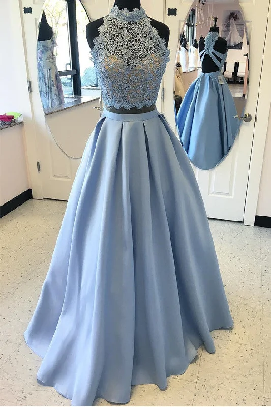 Light Blue High Neck Lace Party Dresses Backless Evening Gowns Prom Dress Tunics Practical durable