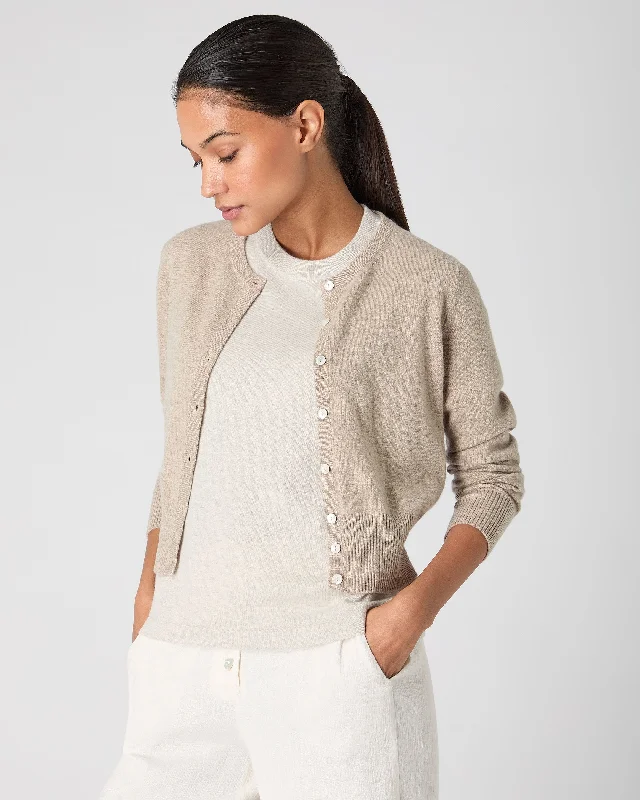 Women's Ivy Cropped Cashmere Cardigan Oatmeal Brown Iron Safe Non-Iron Wrinkle Free