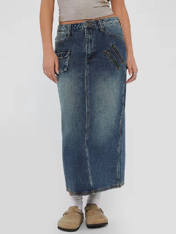 GUESS ORIGINALS DENIM LONG CARGO SKIRT tiered skirt playful