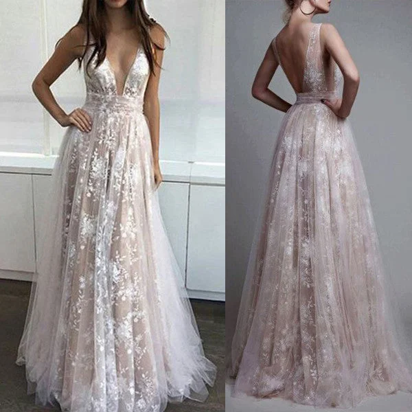 Deep V Neck Ivory Lace Backless Evening Gowns Party Dress Long Prom Dresses Tunics Fashionable trendy