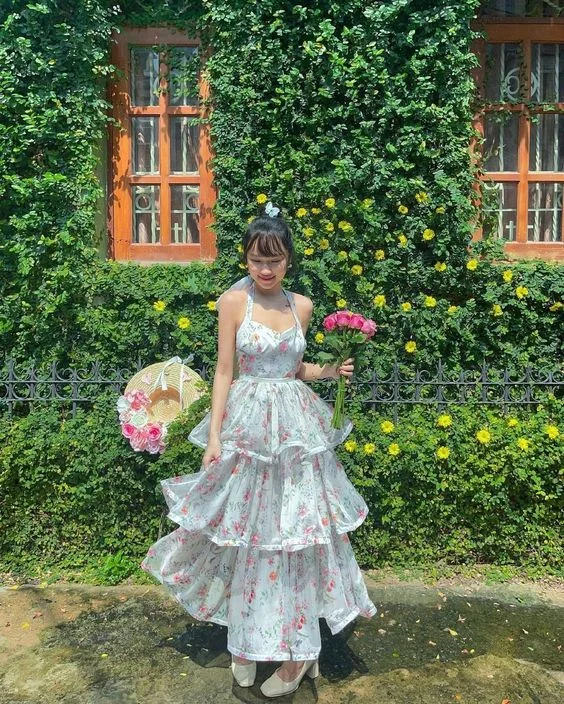 Floral A-Line Halter Layered Long Party Dress Birthday Outfit,DP1849 Tunics Leisure comfortable