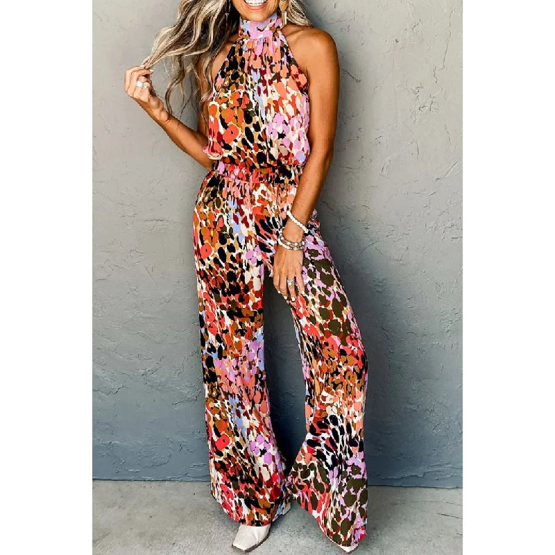 Black Multicolor Leopard Print Halter Tank Top and Pants Set cute tank top