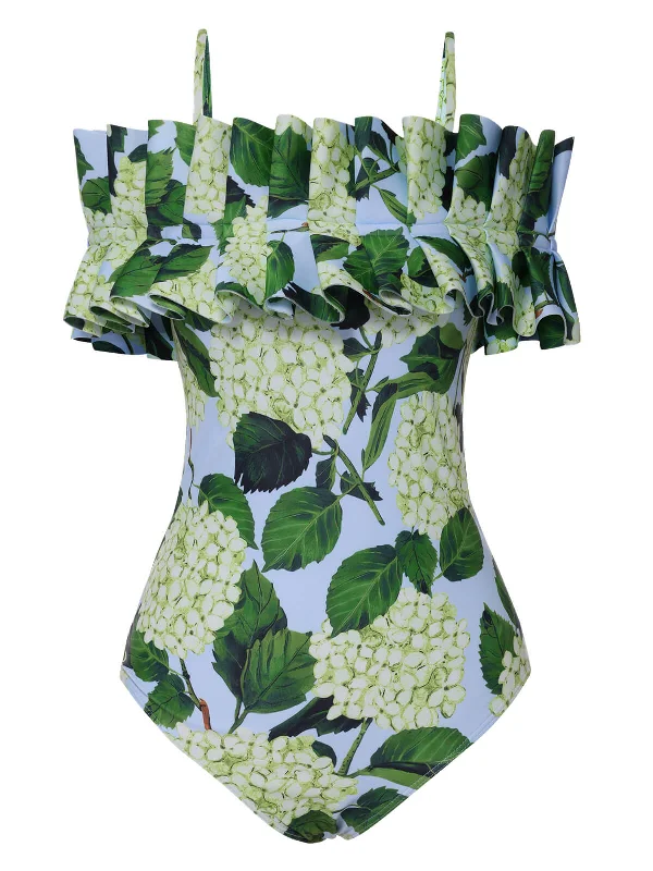 Green 1950s Hydrangea Floral Cold-Shoulder Swimsuit Mesh Panel Swimwear