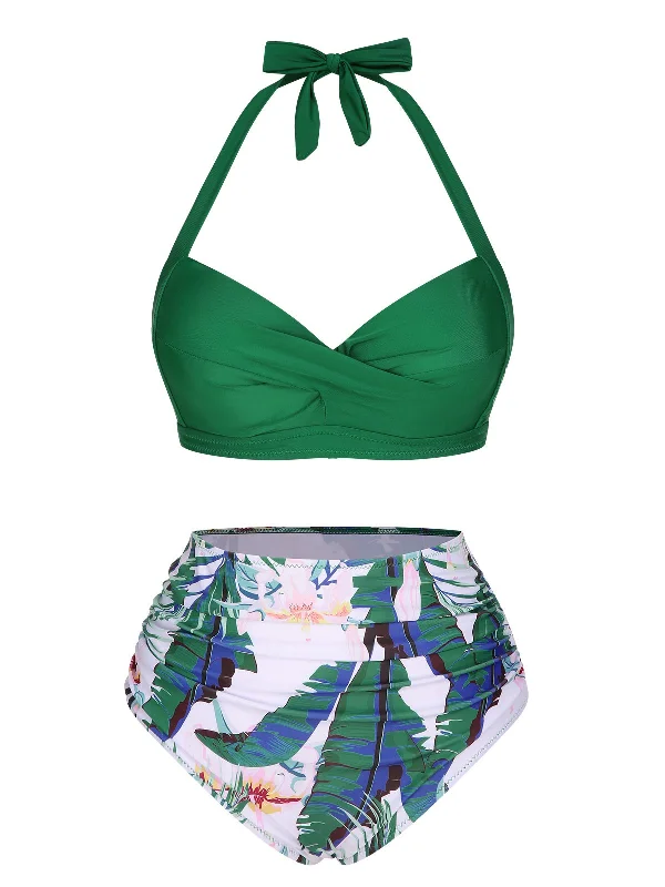 Green 1930s Halter Tropical Plants Swimsuit Flirty Ruffle Swimsuit