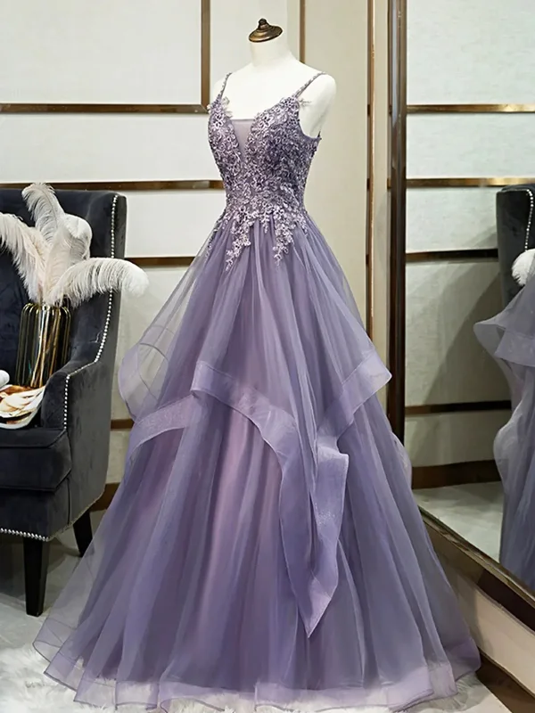 Purple A-Line Tulle Appliques Long Prom Party Dress with Beading,DP1004 Tunics Versatile functional