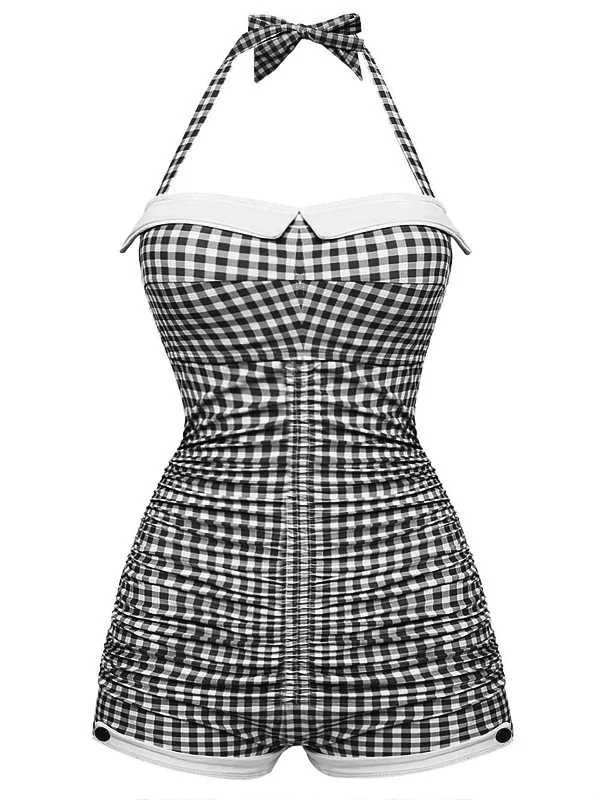 [Pre-Sale] Gingham 1950s Halter Bowknot One-piece Swimsuit Halter Top Bikini