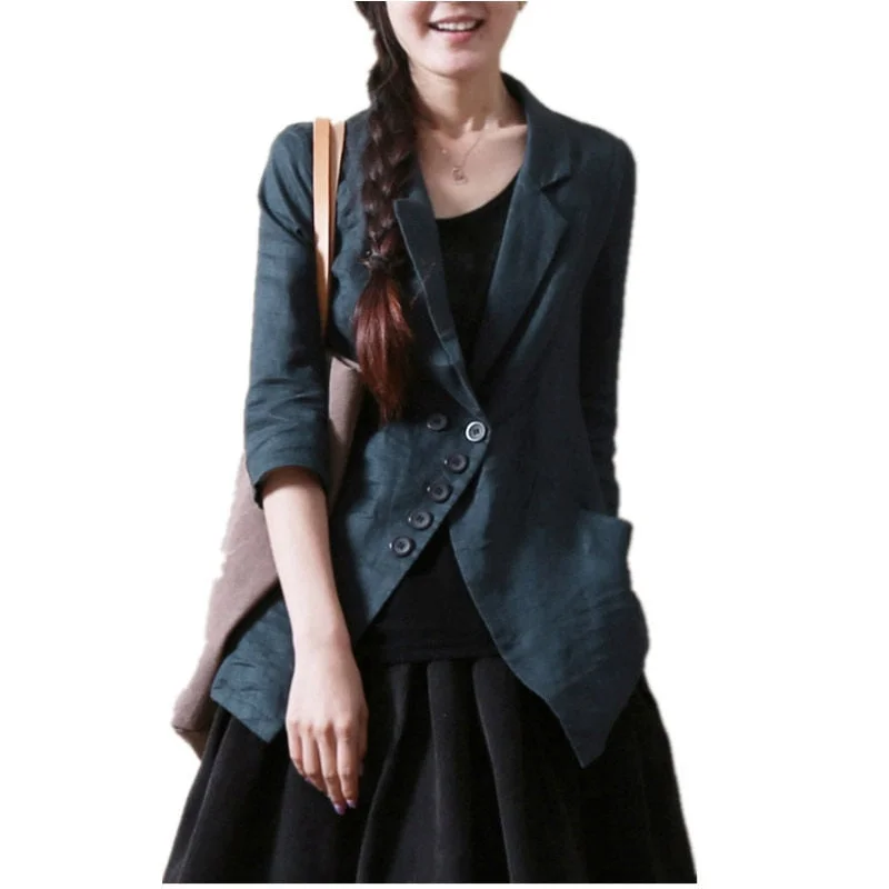 Spring Summer Jacket Plus Size 5XL Cotton Linen Casual Blazer Femme Irregular Half/Long Sleeves Slim Ladies Suit Coat f347 Wool Fabric Cashmere Fabric Tweed Fabric