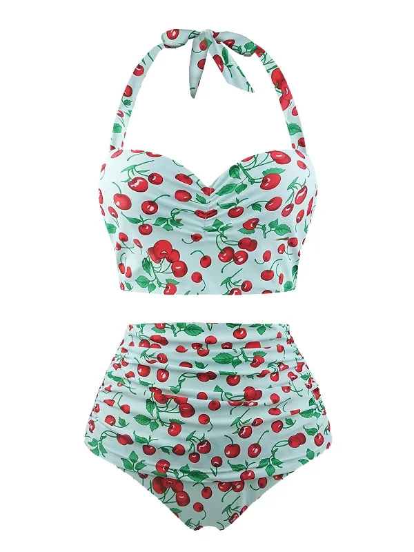 Retro 1950s Cherry Summer Halter Swimsuit Swim Skirt Set