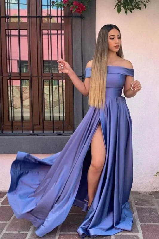 Simple Purple Satin Prom Dress Off The Shoulder Party Dress Tunics Review highly