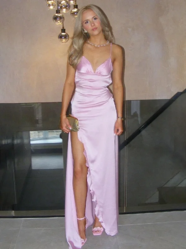 Arnav | Mermaid Spaghetti Straps Pink Satin Long Party Dress Tunics Mesh breathable