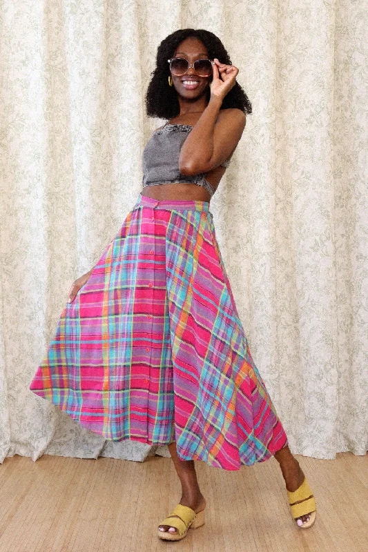 Raspberry Plaid Flare Skirt S chiffon skirt lightweight