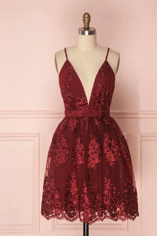 Burgundy Deep V Neck Straps Lace Short Party Dress Homecoming Dress,DP1738 Shift Classic Vintage