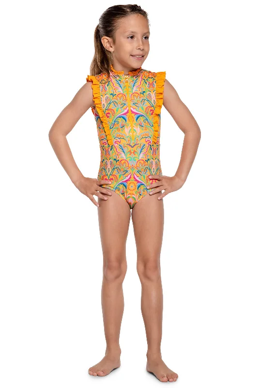 Kid's Angelfish Ruffle Swimsuit | Apricot Crush MOSAIC GARDEN Timeless Black Bikini