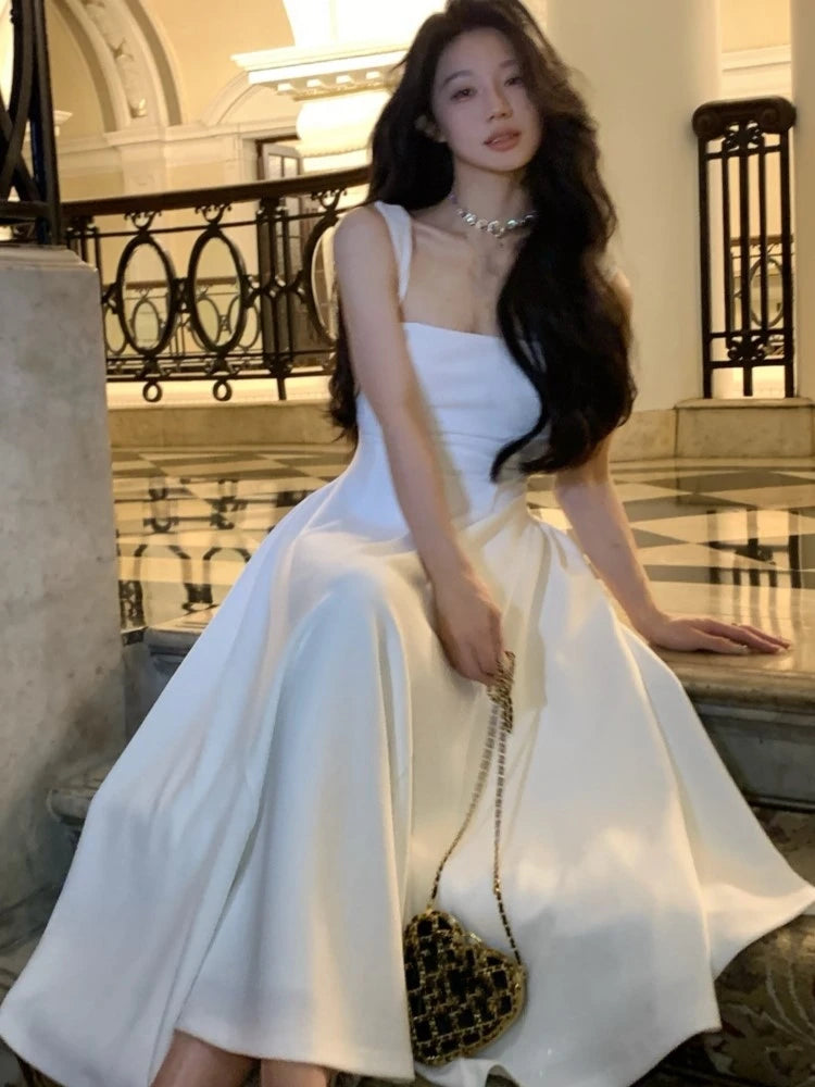Advbridge Summer Solid Midi Dress Women French Elegant Holiday Party Dresses A-line Prom Robe Wedding Vestidos Ladies Clothes New High-Low Hemline Casual