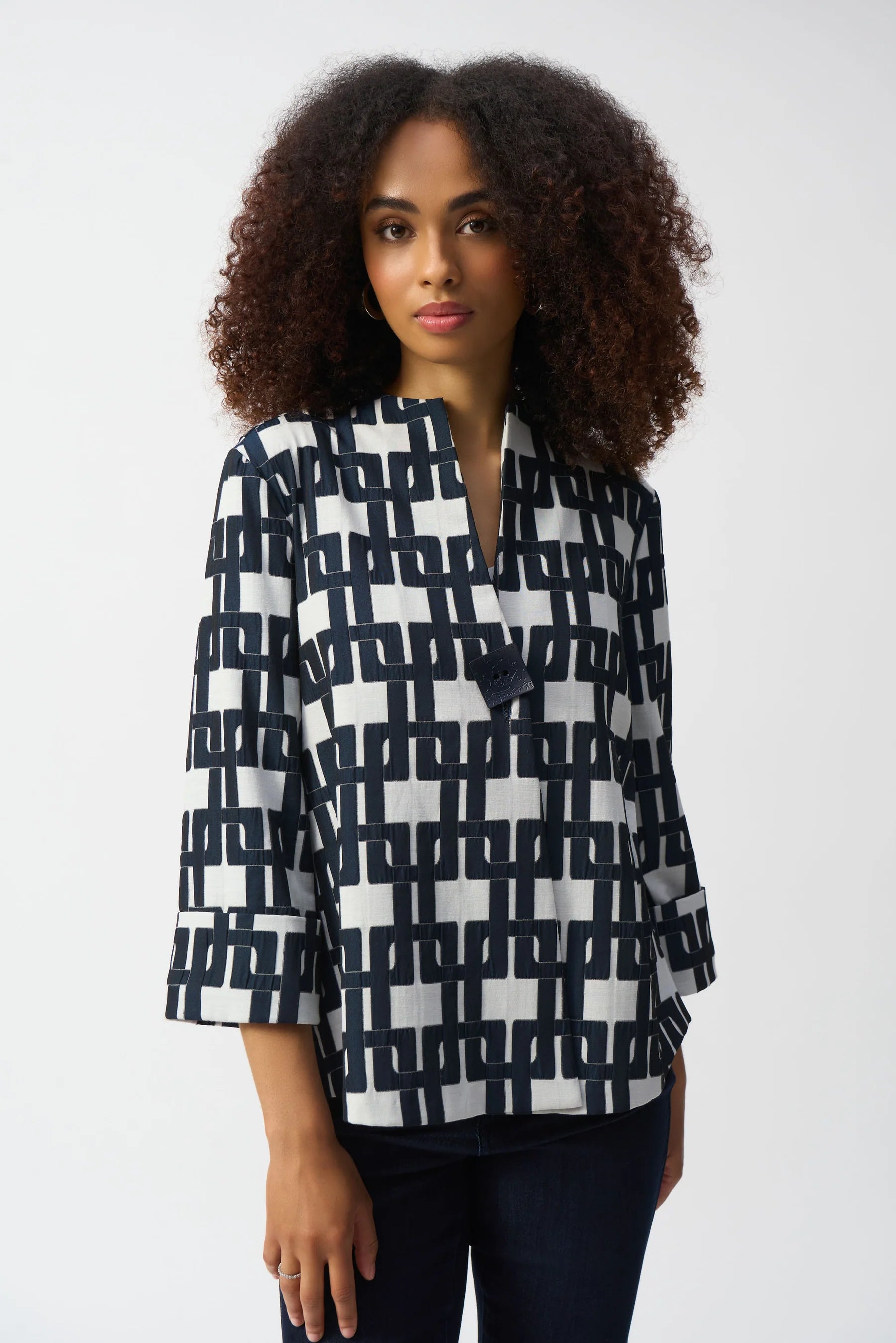 Joseph Ribkoff Navy Geo Jacket Print Jacket Jacquard Jacket Patchwork Jacket