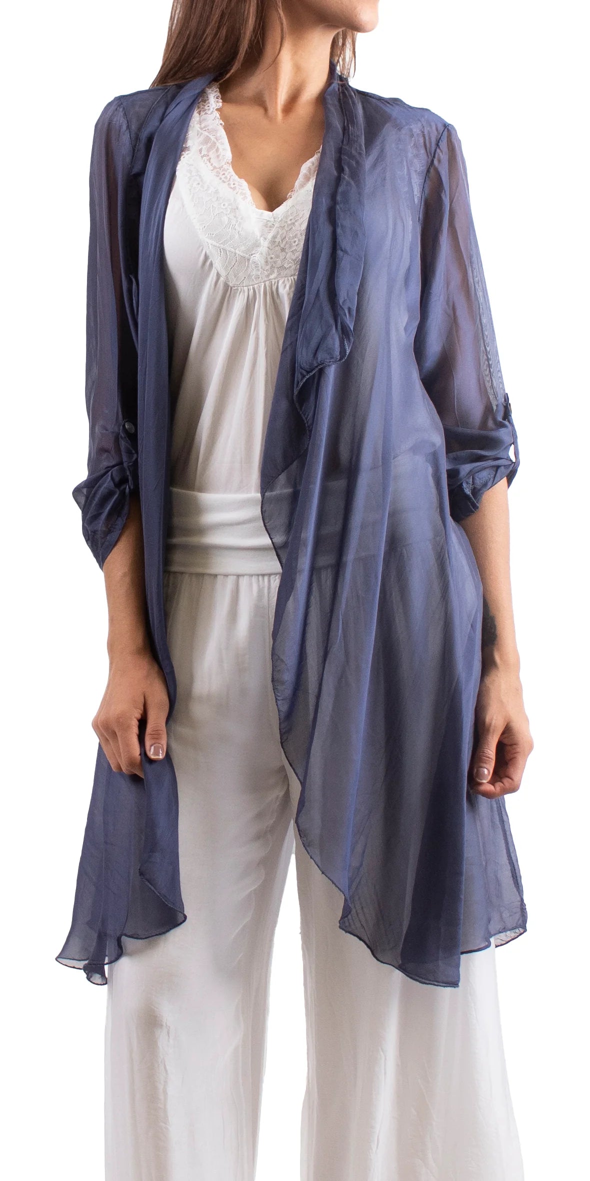 PORTICI SILK CARDIGAN in NAVY Mesh Fabric Canvas Fabric Denim Fabric
