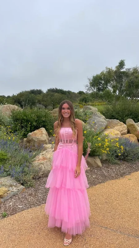 Pink Straps A-Line Tulle Layers Long Party Dress,DP1874 Tunics Custom made