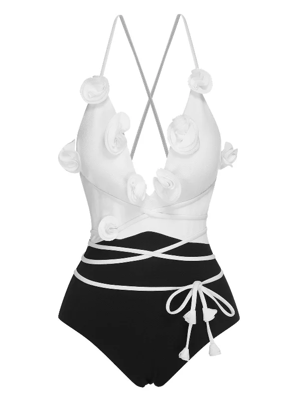 Black & White 1950s 3D Flowers Lace-Up Swimsuit Comfortable Swim Dress