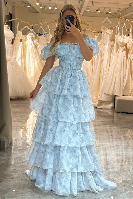 Pale Blue A-Line Layers Chiffon Long Party Dress Evening Gown,DP1807 Off-the-shoulder Bohemian Festive