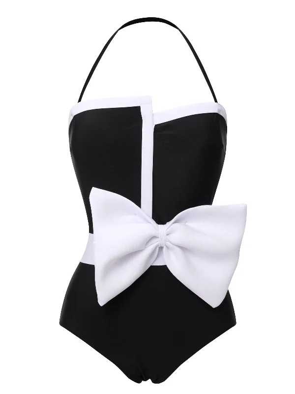 Black 1960s Halter Bow Colorblock Swimsuit Vibrant Bikini Design