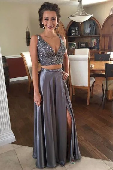 Sexy Two Piece Beaded Prom Dress,2 Piece Slit Evening Party Dress,Graduation Dress OK787 Tunics Versatile functional