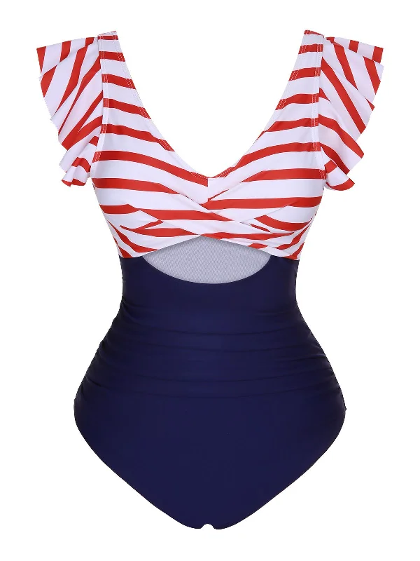 1930s Ruffled Striped One-Piece Swimsuit Floral Swimwear Set