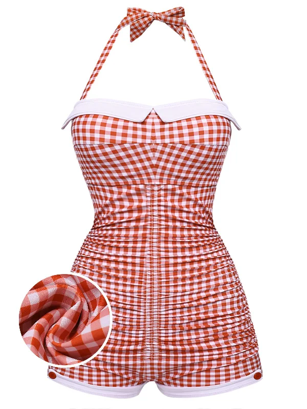 Gingham 1950s Halter Bowknot One-piece Swimsuit Tropical Print One-Piece