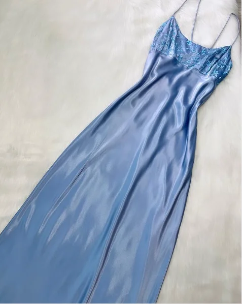 Sky Blue Straps Satin Embroidery Vintage Long Party Dress, DP2286 empire Waist empire