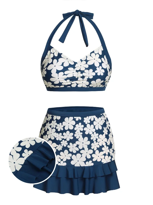 Blue 1940s Floral Ruffles Halter Swimsuit Adjustable Bikini Bottoms