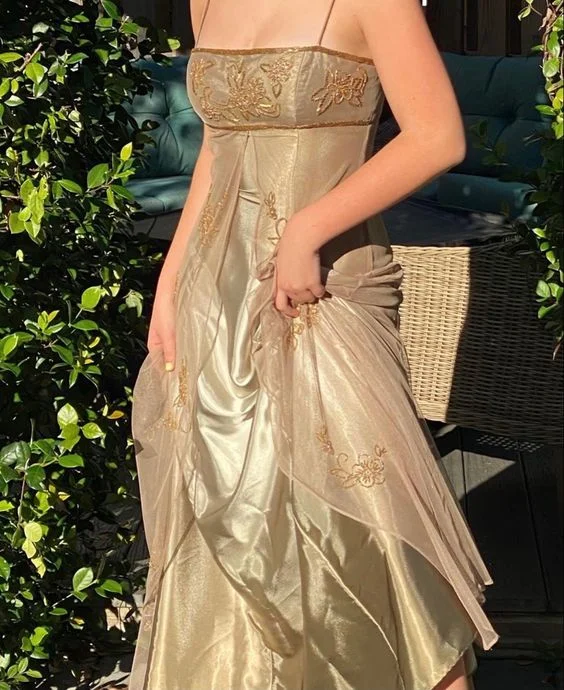 Champagne Gold Straps A-Line Embroidery Vintage Party Dress, DP2283 Tunics Seasonal trendy