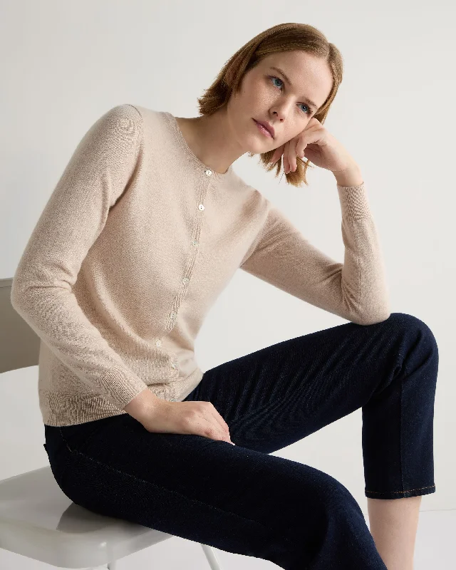 Women's Olivia Round Neck Cashmere Cardigan Ecru White Elegant Classic Vintage